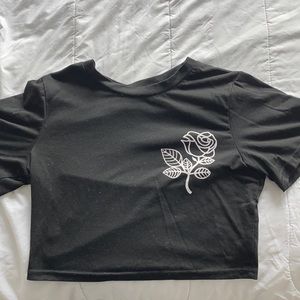 cropped black t-shirt with white rose